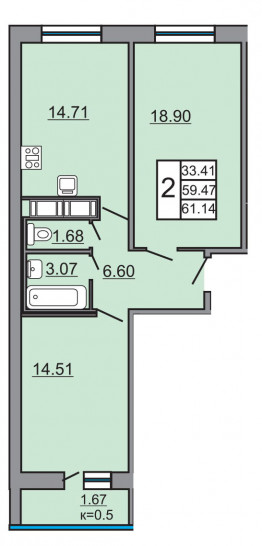 Двухкомнатная квартира 61.14 м²