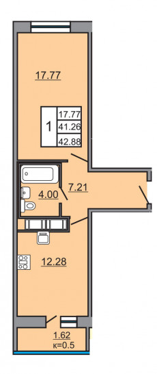 Однокомнатная квартира 42.88 м²