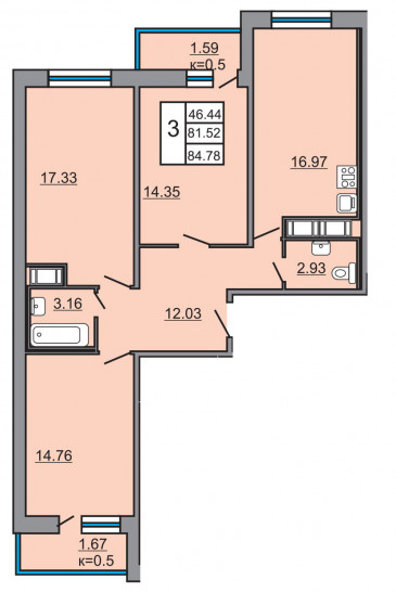 Трёхкомнатная квартира 84.78 м²