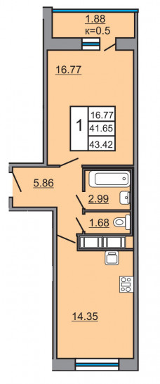 Однокомнатная квартира 43.42 м²