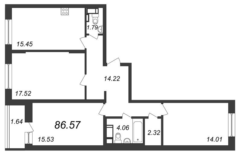 Трёхкомнатная квартира 86.57 м²