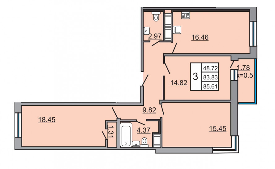 Трёхкомнатная квартира 85.61 м²