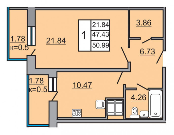 Однокомнатная квартира 50.99 м²