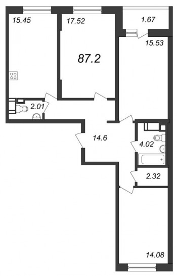 Трёхкомнатная квартира 87.2 м²