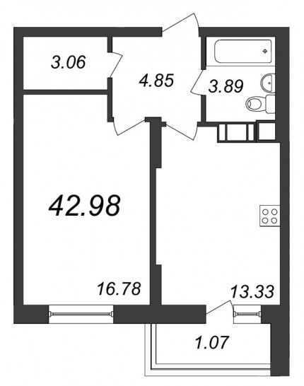 Однокомнатная квартира 42.98 м²
