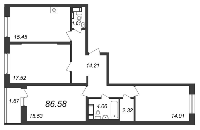 Трёхкомнатная квартира 86.58 м²