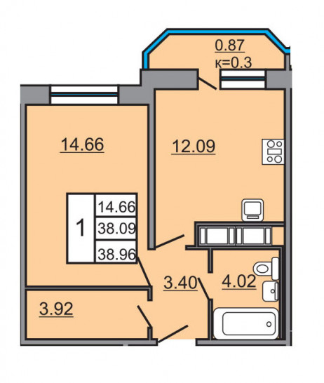Однокомнатная квартира 38.96 м²