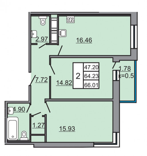 Двухкомнатная квартира 66.01 м²