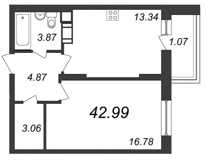 Однокомнатная квартира 42.99 м²