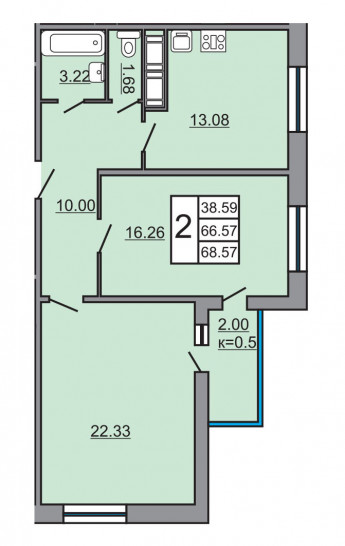 Двухкомнатная квартира 68.57 м²