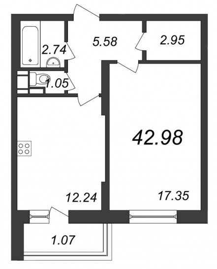 Однокомнатная квартира 42.98 м²