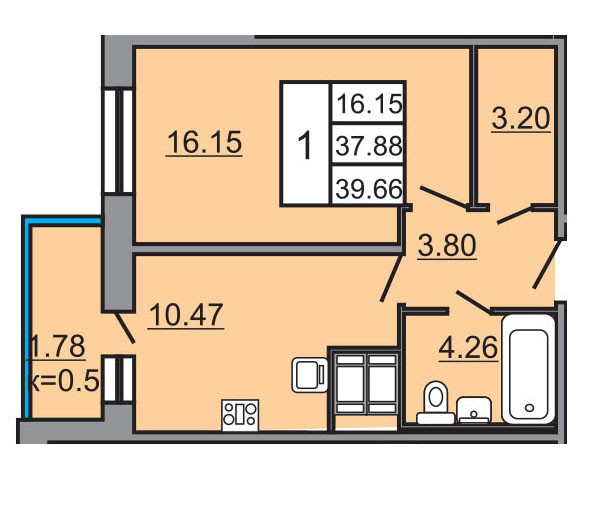 Однокомнатная квартира 39.66 м²