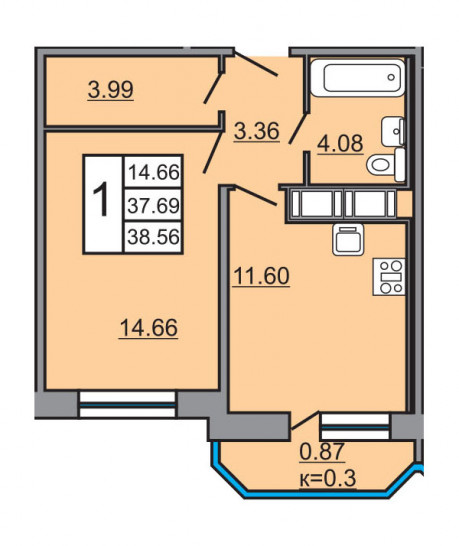 Однокомнатная квартира 38.56 м²