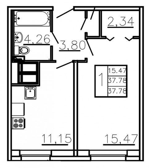 Однокомнатная квартира 37.78 м²