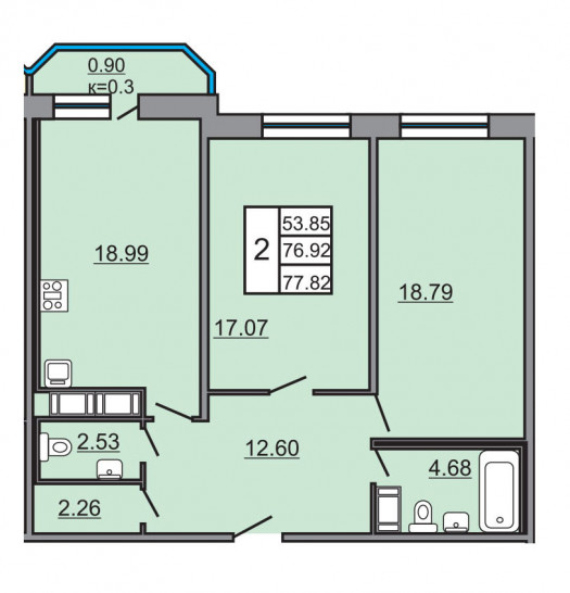 Двухкомнатная квартира 77.82 м²