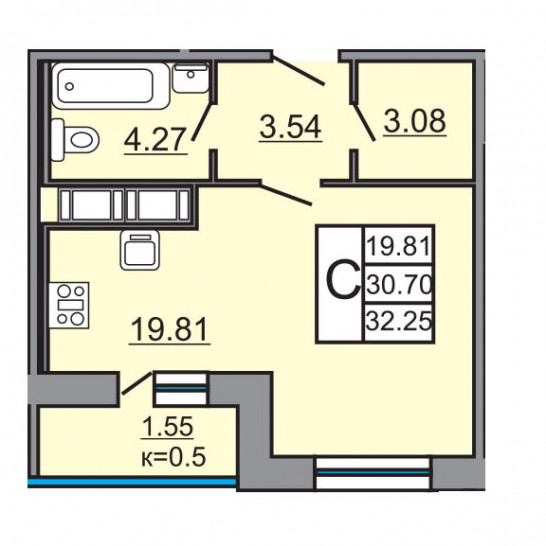 Студия 32.25 м²