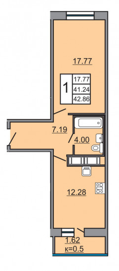 Однокомнатная квартира 42.86 м²