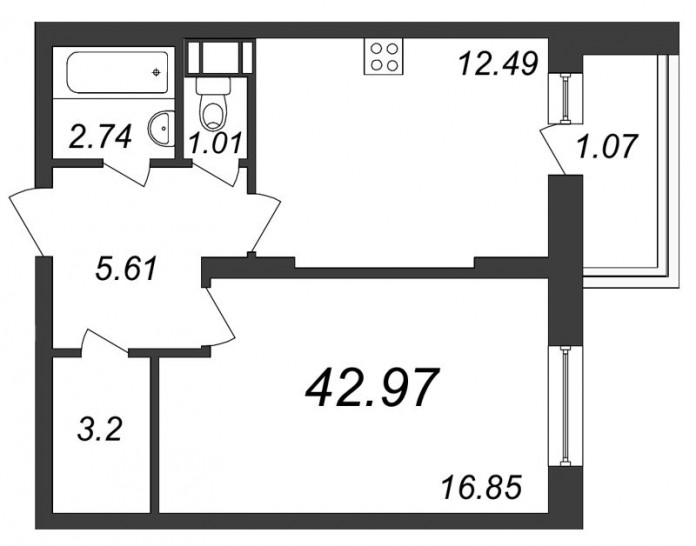 Однокомнатная квартира 42.97 м²