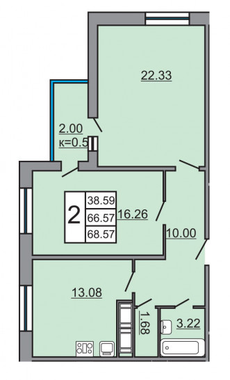 Двухкомнатная квартира 68.57 м²