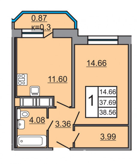 Однокомнатная квартира 38.56 м²