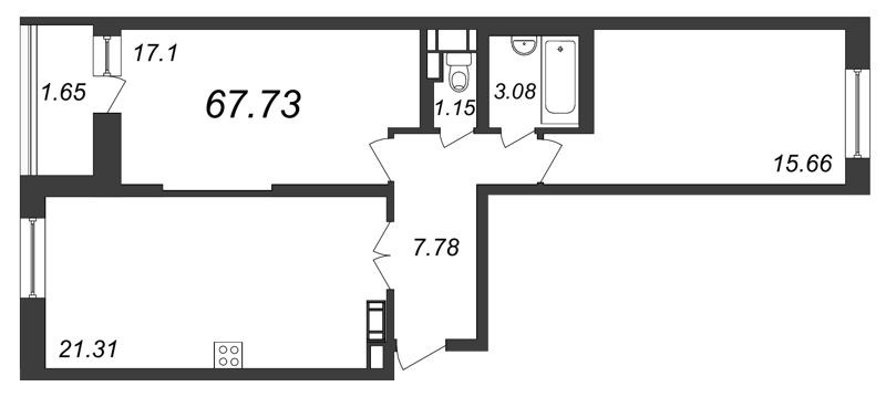 Двухкомнатная квартира 67.73 м²