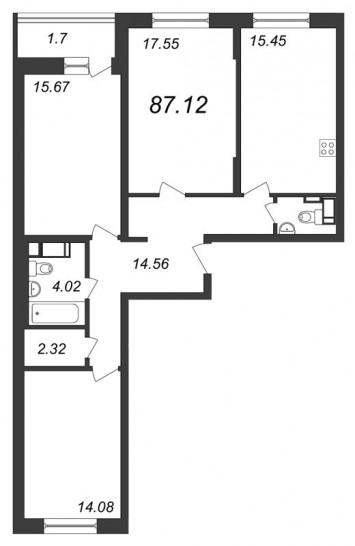 Трёхкомнатная квартира 87.12 м²