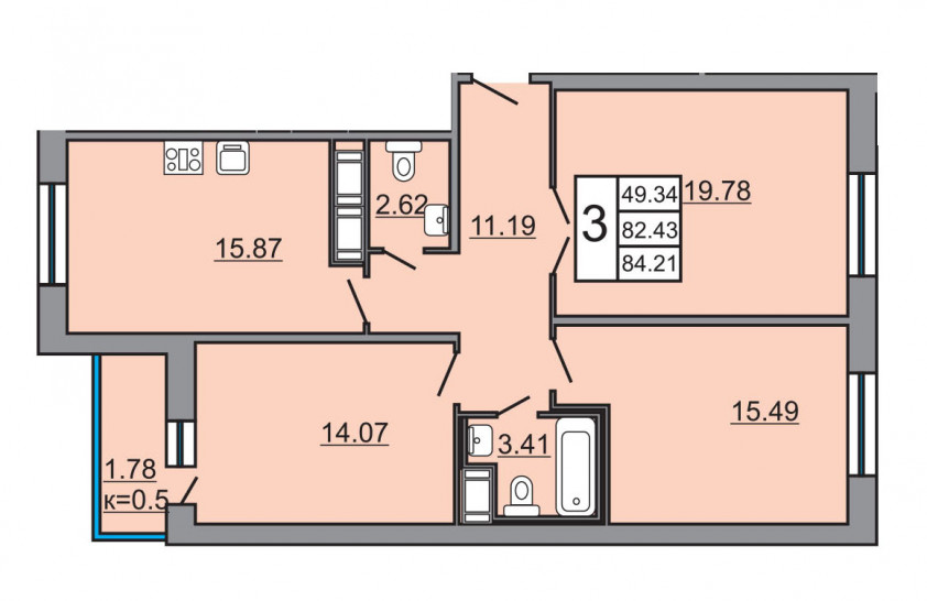 Трёхкомнатная квартира 84.21 м²