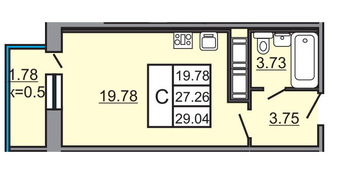 Студия 29.04 м²