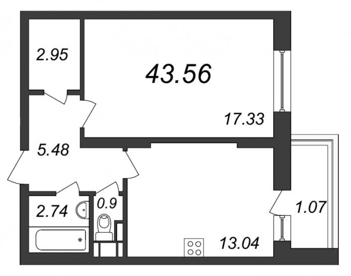 Однокомнатная квартира 43.56 м²