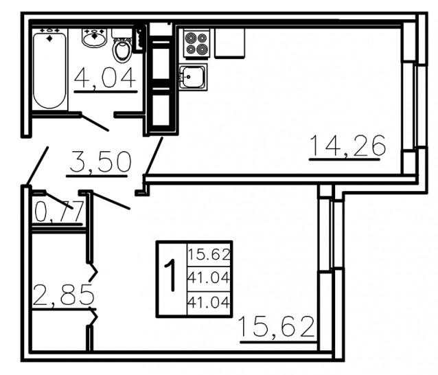 Однокомнатная квартира 41.04 м²