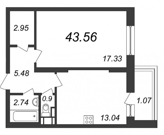 Однокомнатная квартира 43.56 м²