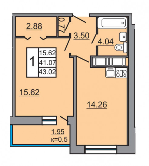 Однокомнатная квартира 43.02 м²