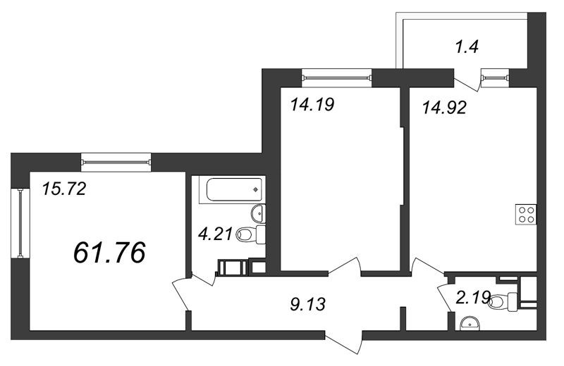 Двухкомнатная квартира 61.76 м²