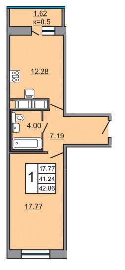 Однокомнатная квартира 42.86 м²