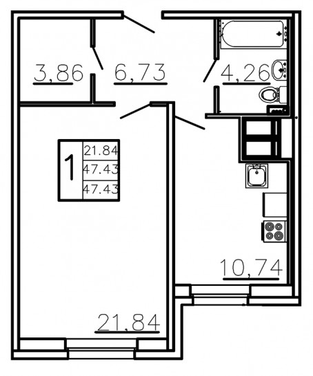Однокомнатная квартира 47.43 м²