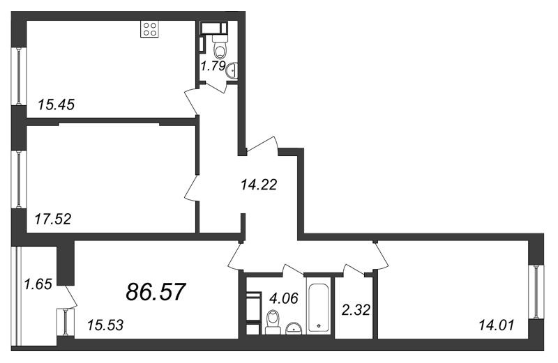 Трёхкомнатная квартира 86.57 м²