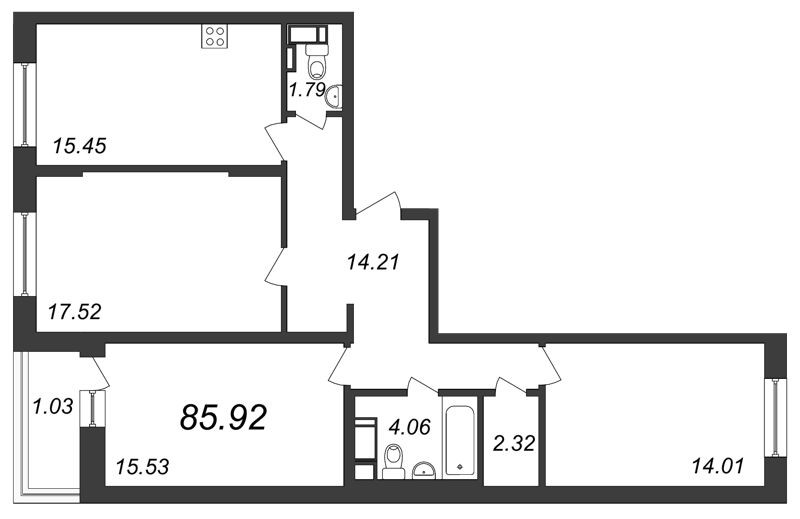 Двухкомнатная квартира 85.92 м²