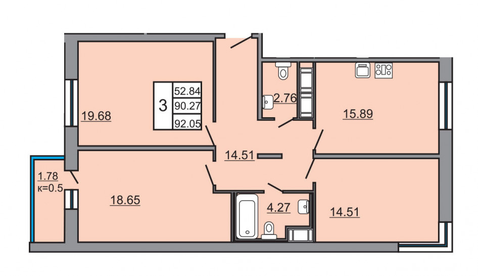 Трёхкомнатная квартира 92.05 м²