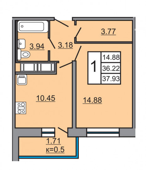 Однокомнатная квартира 37.93 м²