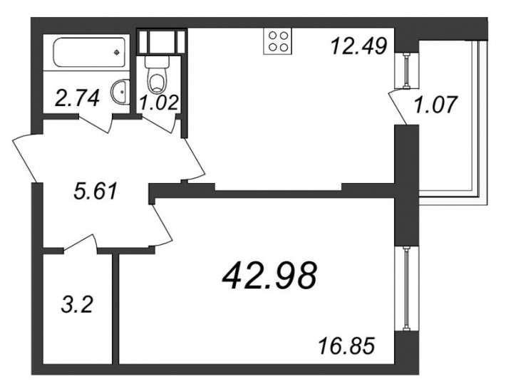 Однокомнатная квартира 42.98 м²