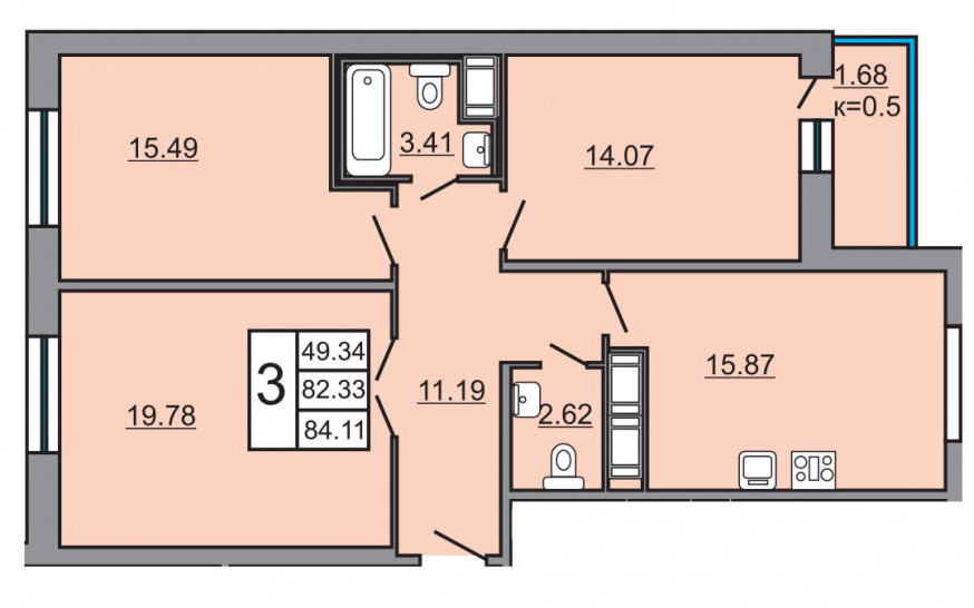 Трёхкомнатная квартира 84.11 м²