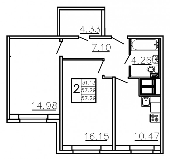 Двухкомнатная квартира 57.29 м²