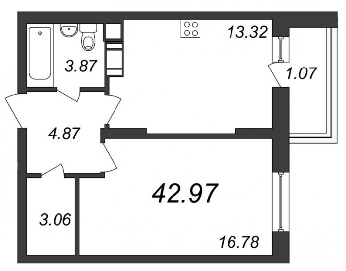 Однокомнатная квартира 42.97 м²